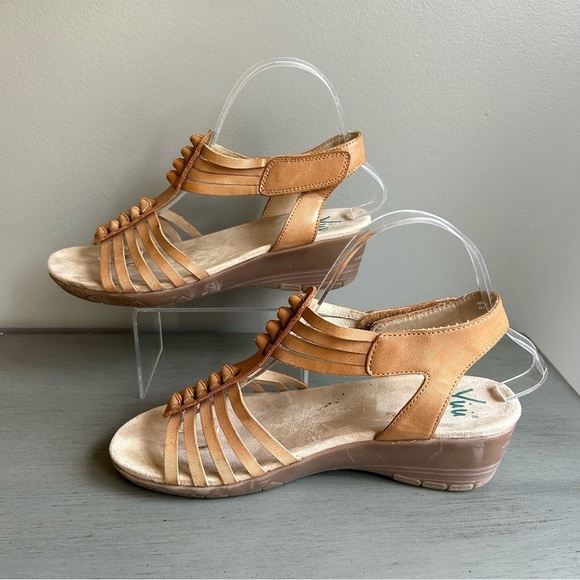 Yuu Handey Strappy Wedge Gladiator Tan Neutral Ankle Strap Sandals 7 Wide Boho - Picture 11 of 16